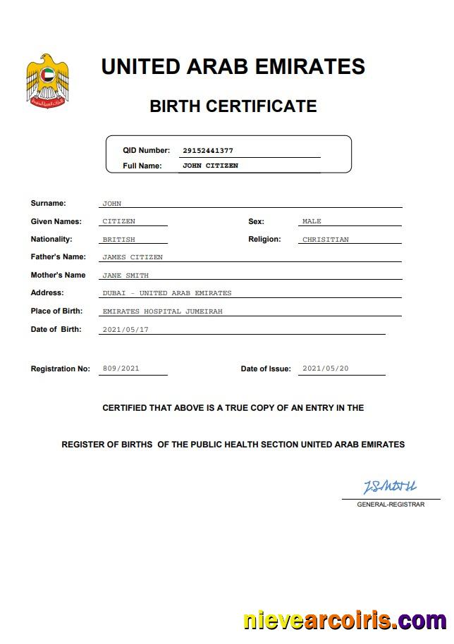 UAE vital record birth certificate